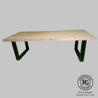 Side view of Mod-G spruce dining table on modern Rustrite-coated steel base.