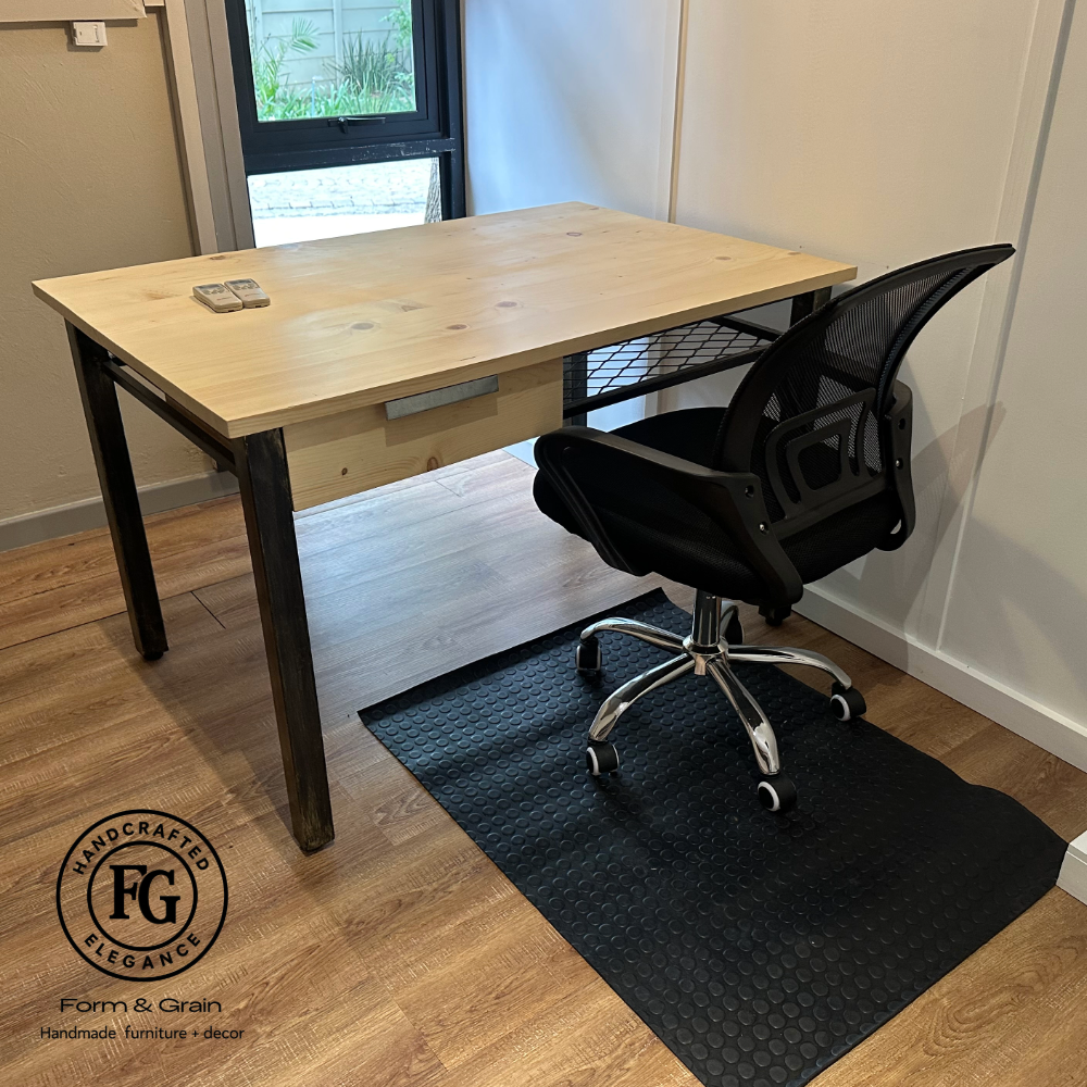 StudioMesh Desk – Stay Nest StudioMesh Desk with solid spruce top, steel legs and mesh storage shelf by Form & Grain.