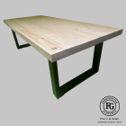 Handcrafted Mod-G spruce dining table with Rustrite steel frame, angled corner view.
