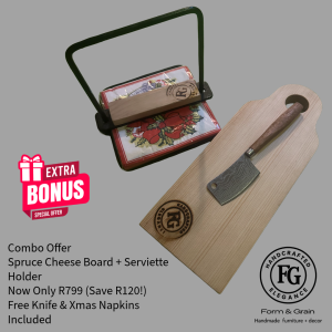 Form & Grain Spruce Cheese Board and Serviette Holder Combo handcrafted wooden cheese board with stainless knife, festive napkins, and matching serviette holder. Promotional combo offer showing free knife and Christmas napkins.